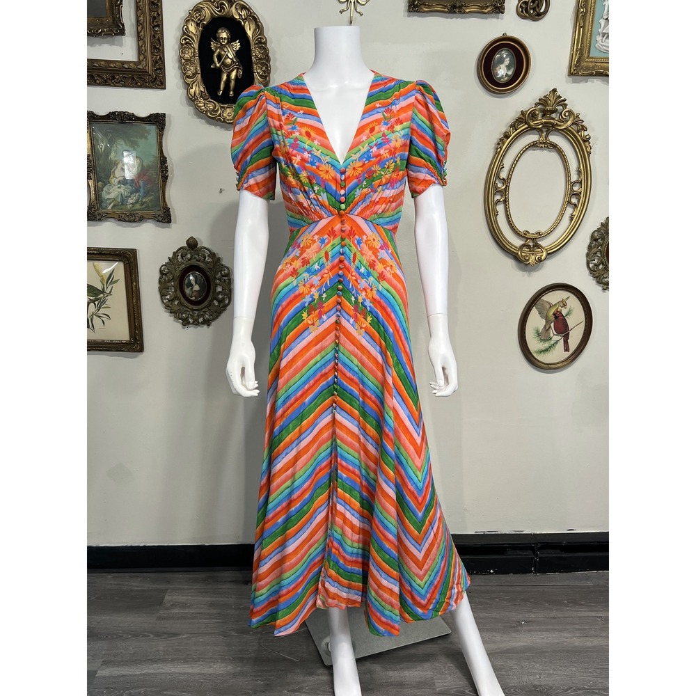 Saloni Watercolor Stripe Silk Short Sleeve Midi Dress Size US 4 / UK 8